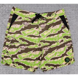 Hurley Camo Print Swim Shorts Size 34 Green Pink Cotton Nylon‎ Asian Spellout